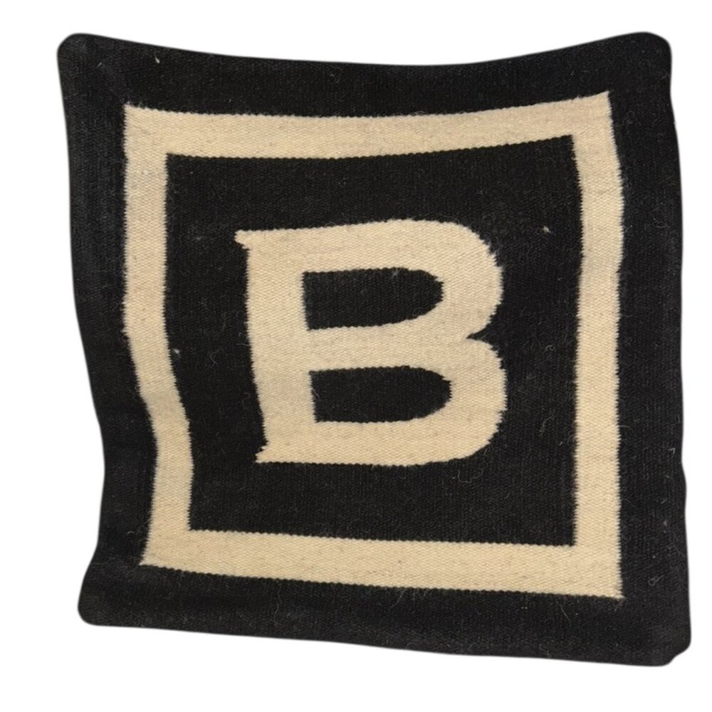 Jonathan Adler Black Cream white wool hand woven square "B" throw pillow cover